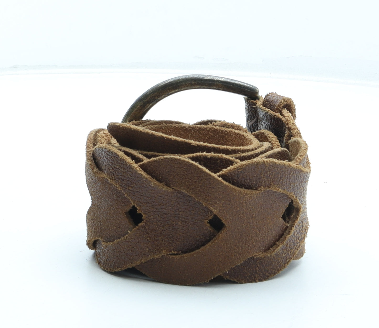 Preworn Womens Brown Solid Leather Woven Belt Belt One Size