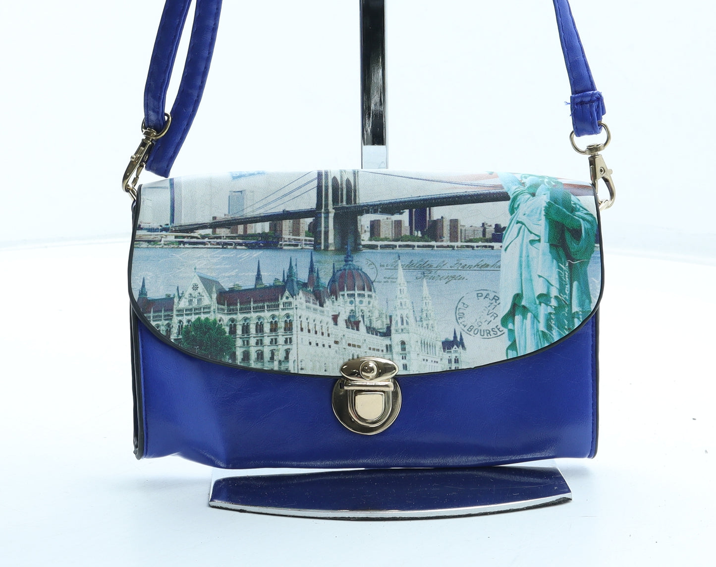 Preworn Womens Blue Geometric Polyurethane Shoulder Bag Size Small - New York City