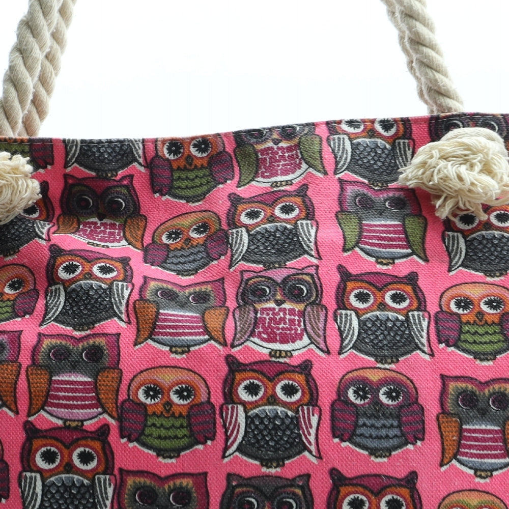 Preworn Womens Pink Geometric Polyester Top Handle Bag Size Large - Owl Pattern
