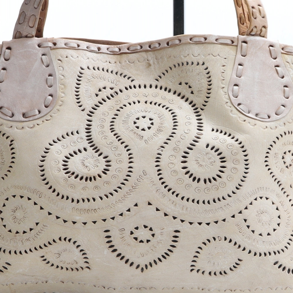 Preworn Womens Beige Geometric Polyurethane Top Handle Bag Size Medium