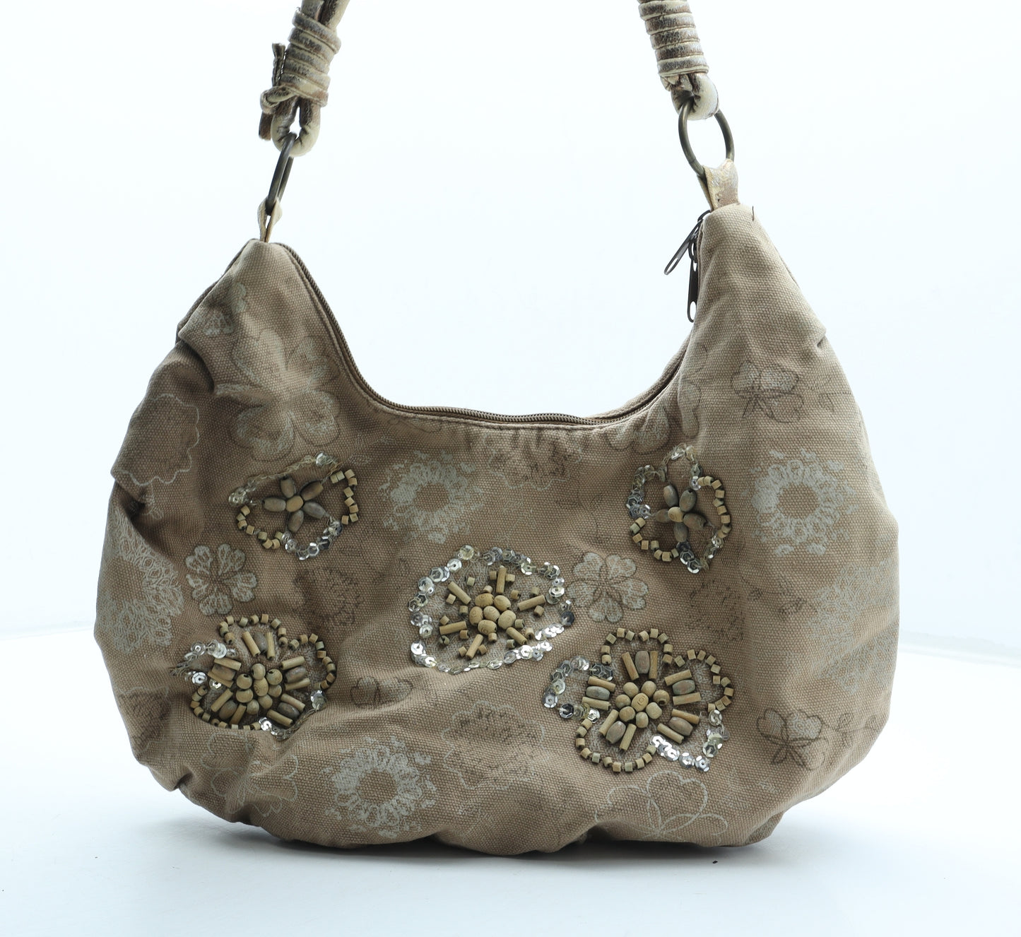 Preworn Womens Beige Floral Polyester Shoulder Bag Size Medium