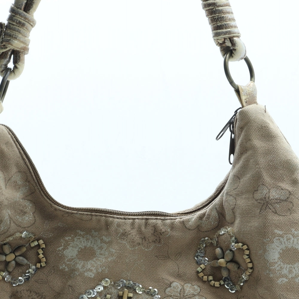 Preworn Womens Beige Floral Polyester Shoulder Bag Size Medium