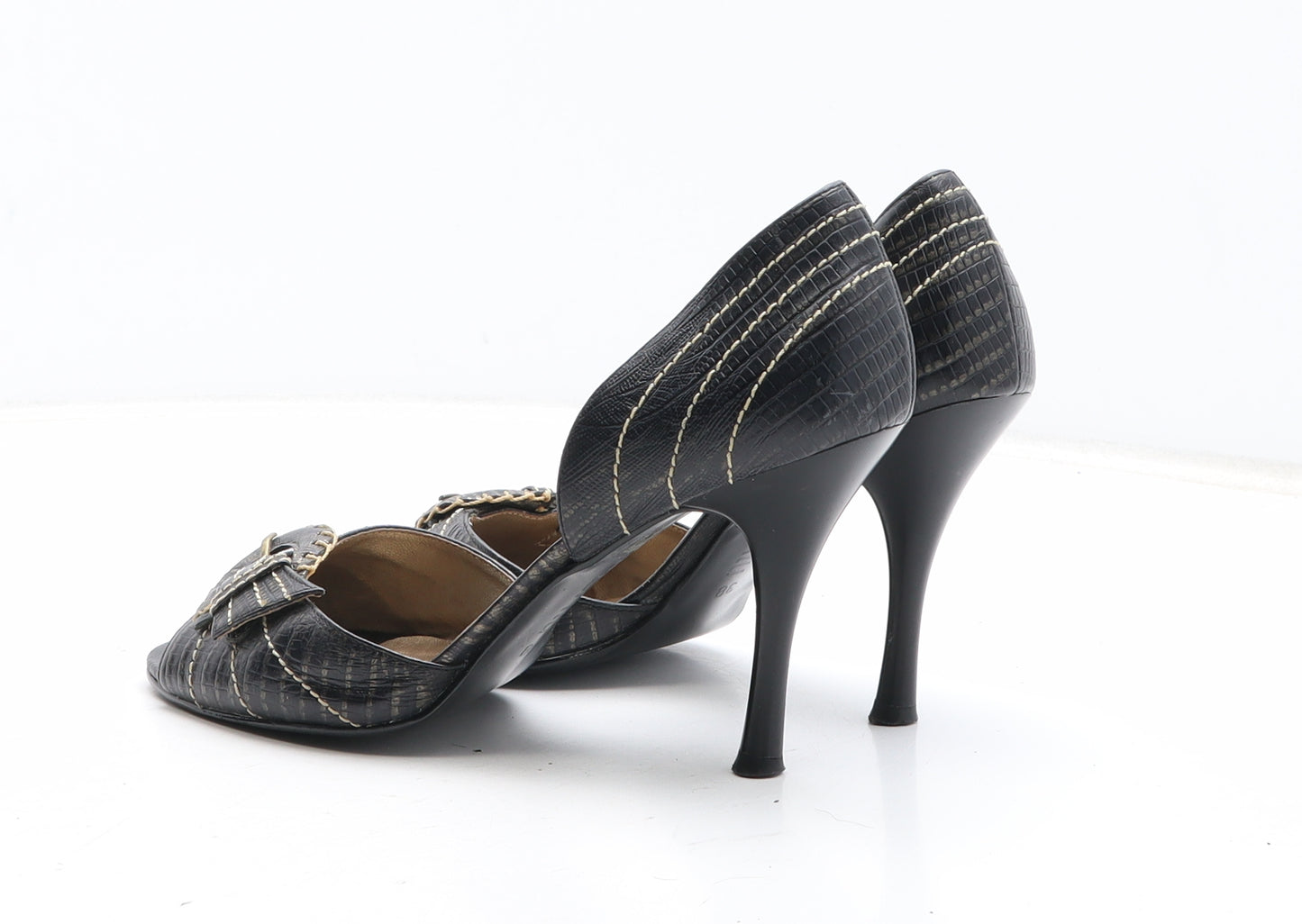 Pertu Womens Black Geometric Leather D'Orsay Heel UK - Croc Texture UK Size Estimated 5