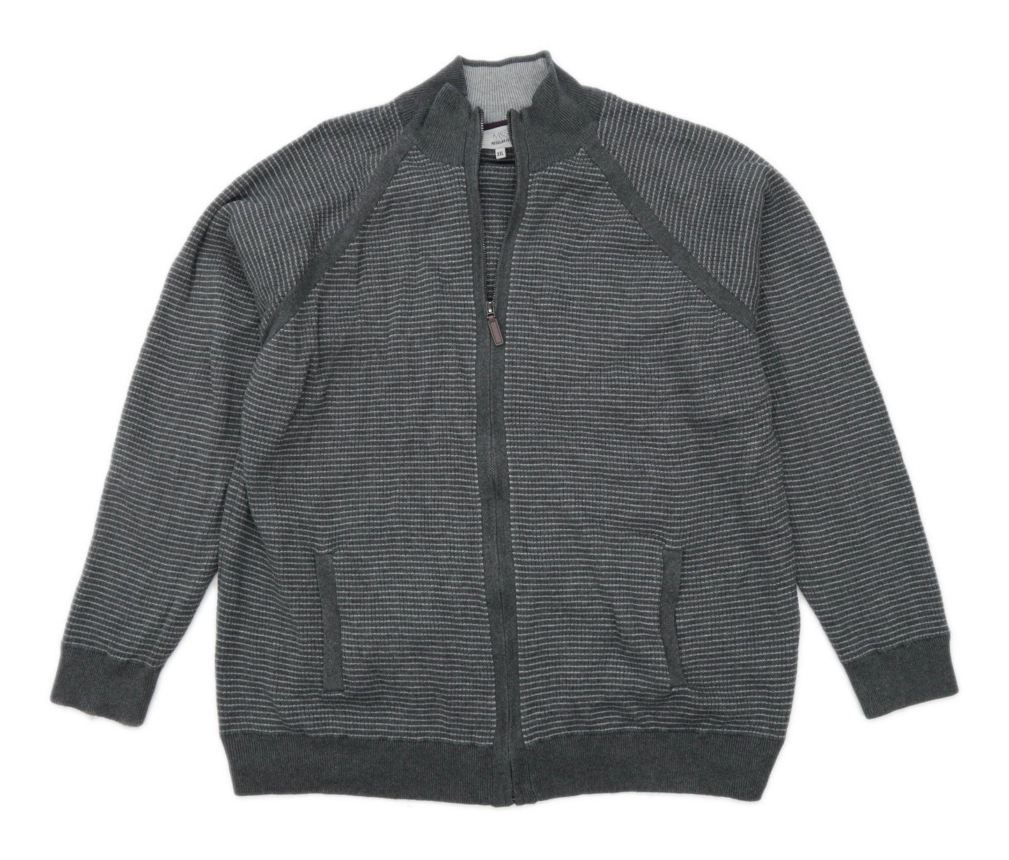 Marks & Spencer Mens Size 2XL Cotton Striped Grey Zip Cardigan