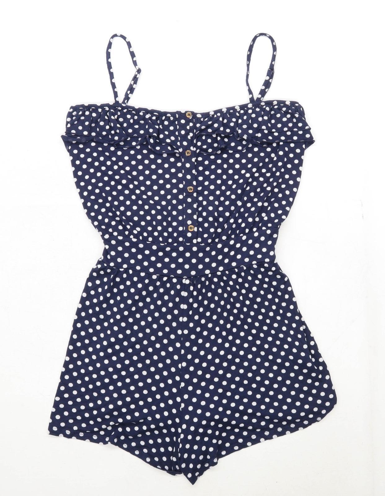 New Look Womens Size 12 Spotted Off Shoulder Strappy Blue Playsuit (Regular)