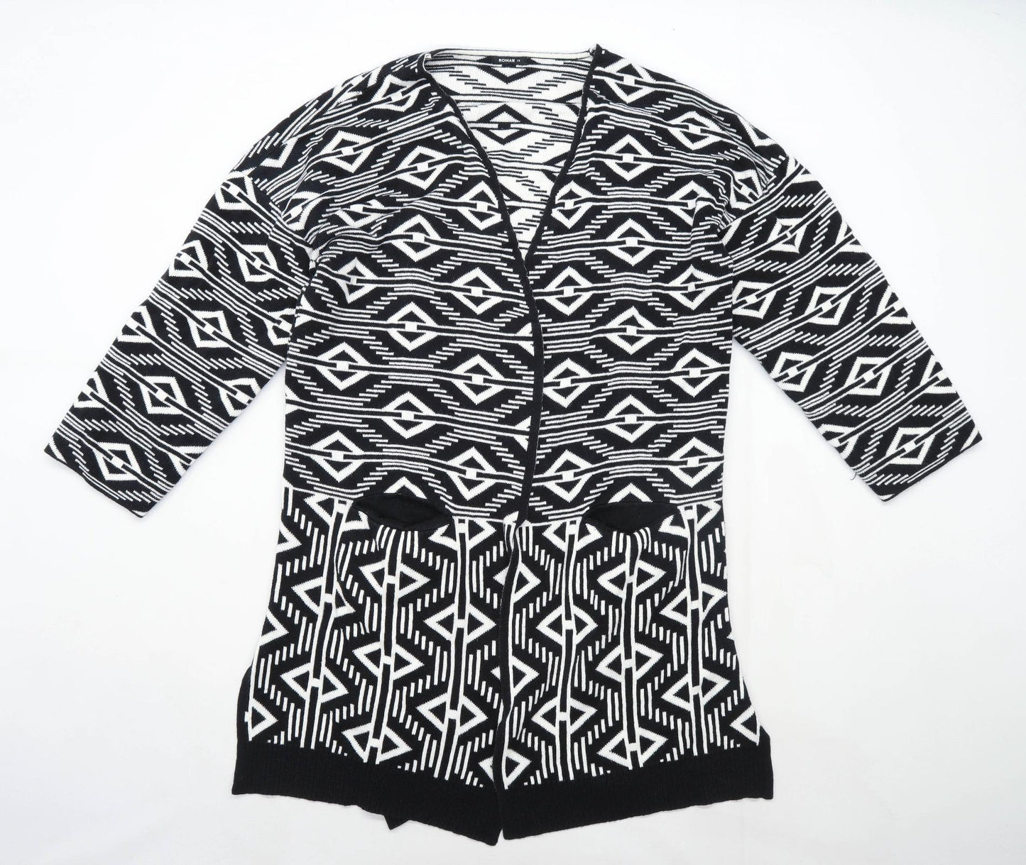 Roman Womens Size 20 Abstract Cotton Blend Black Cardigan (Regular)