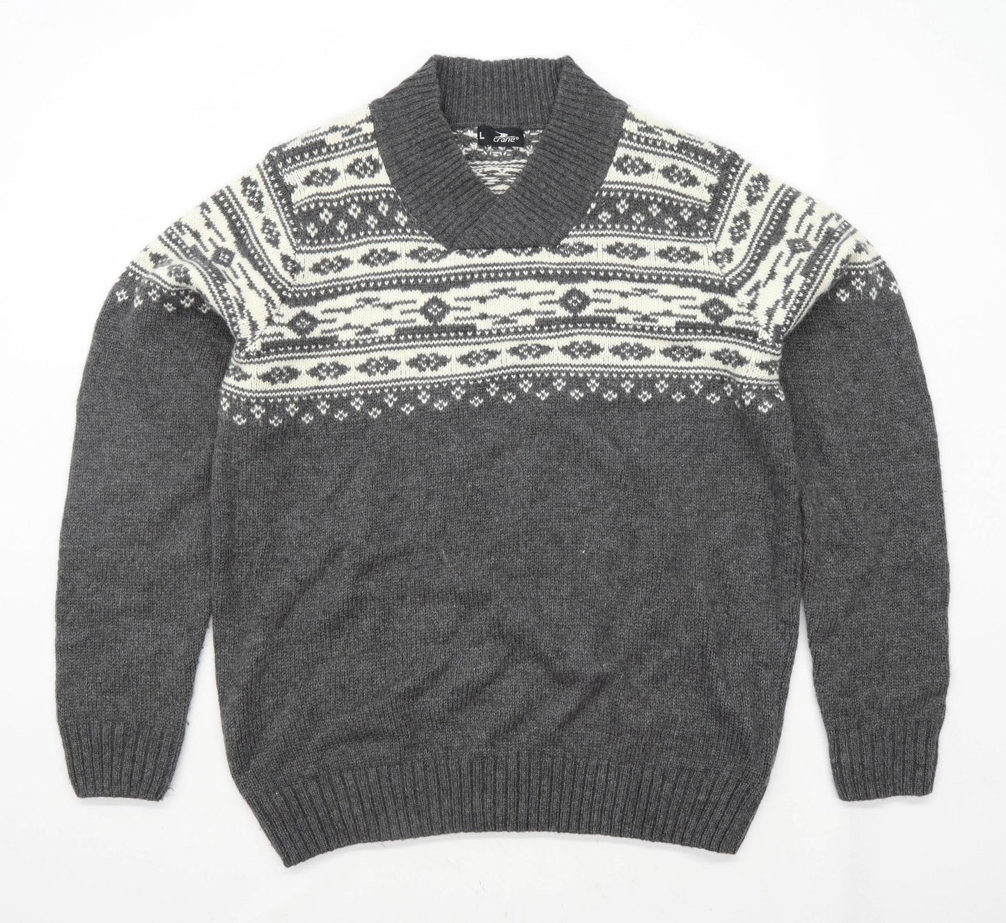 Crane Mens Size L Graphic Grey Jumper