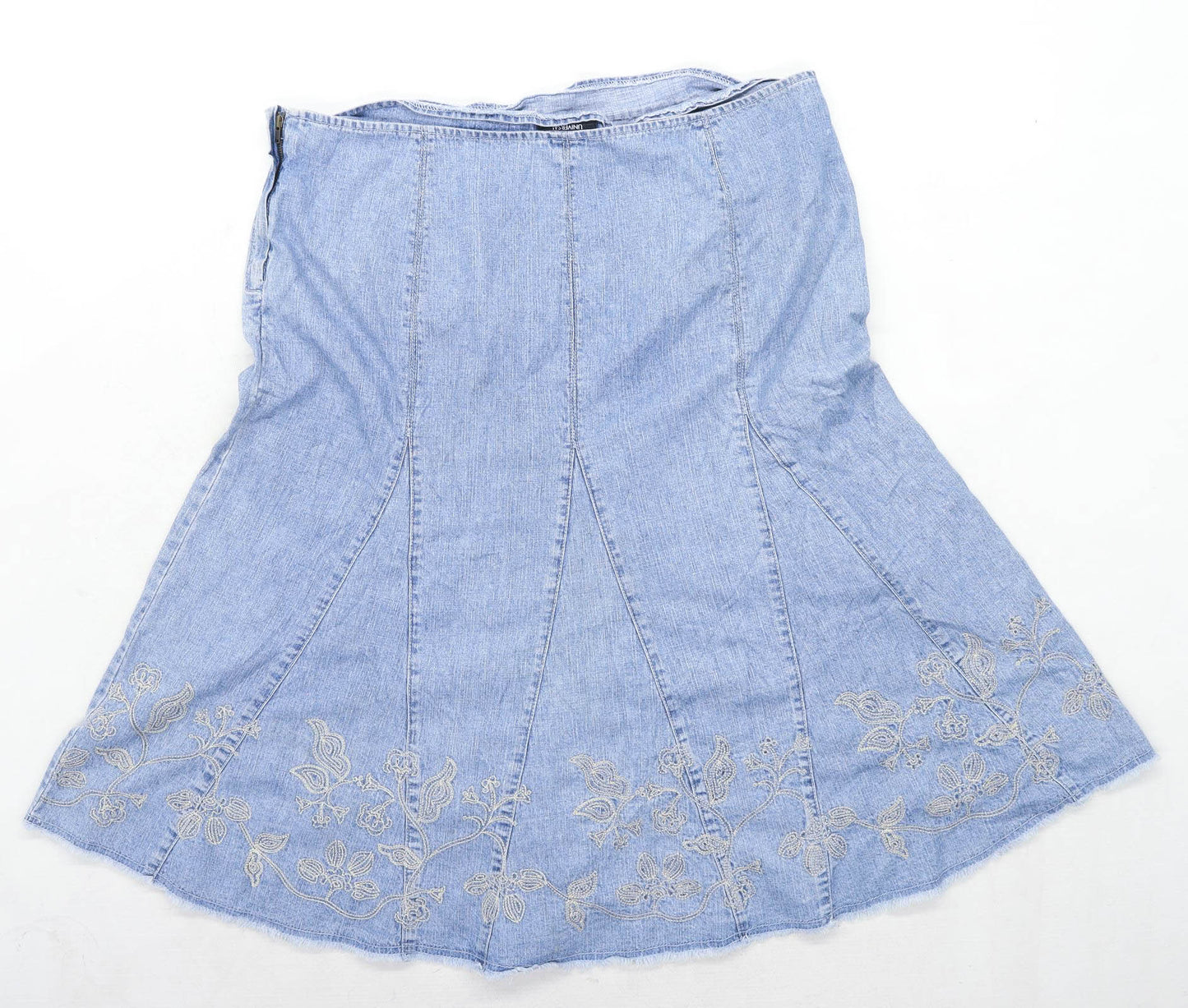 BHS Womens Size 16 Denim Floral Blue Flare Skirt (Regular)