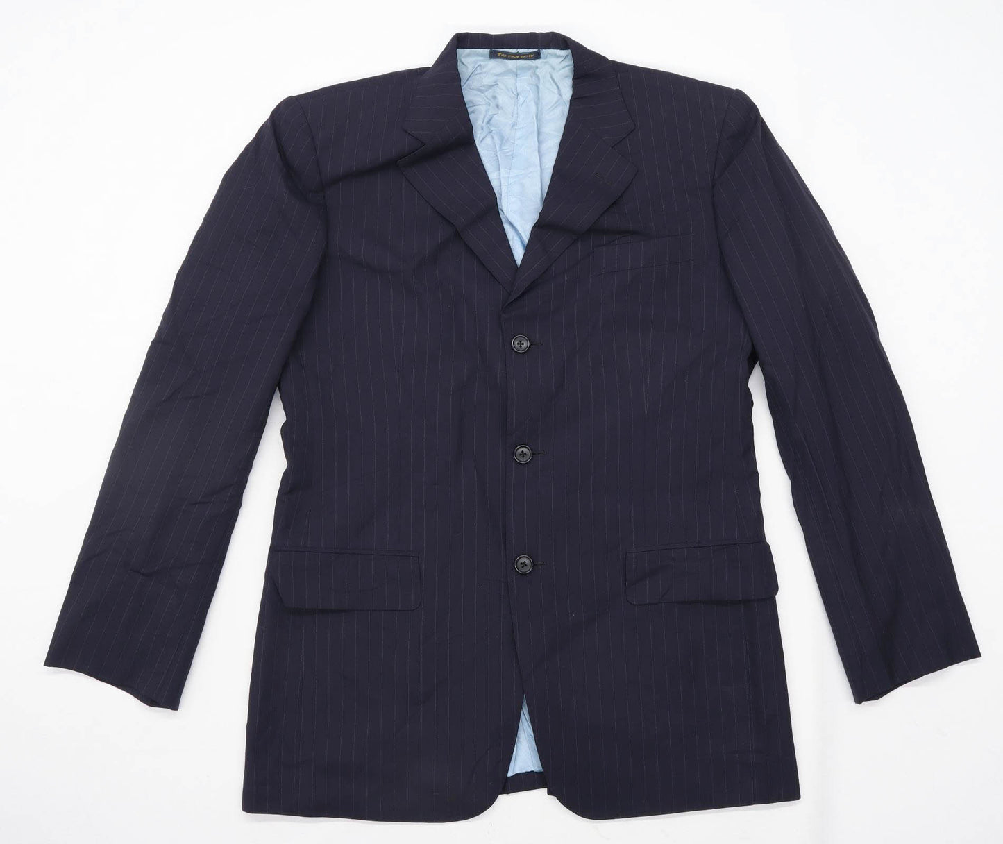 Tai Pan Row Mens Wool Blend Striped Blue Suit Jacket 40 Chest (Long)