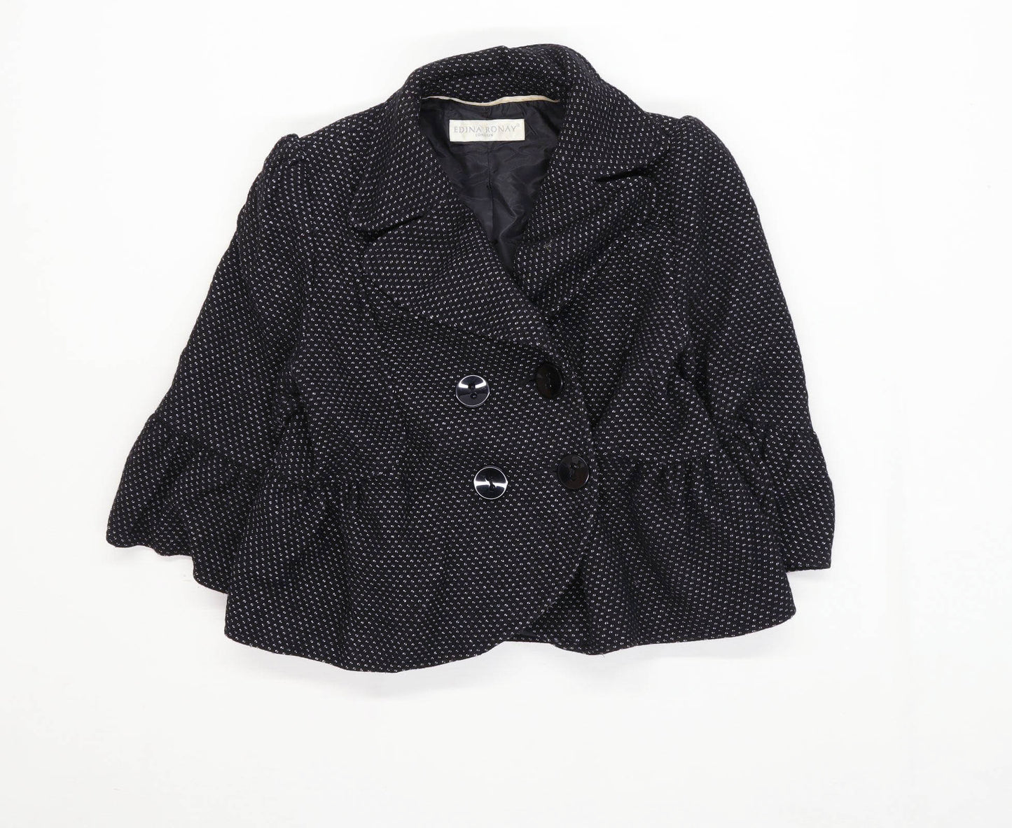 Edina Ronay Womens Size 12 Wool Blend Spotted Black Flared Sleeve Jacket