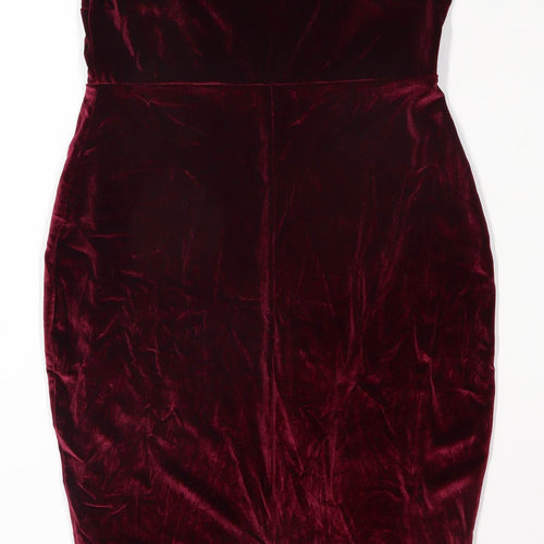 Boohoo Womens Size 14 Sweetheart Red Crushed Velvet Bodycon Dress (Regular)