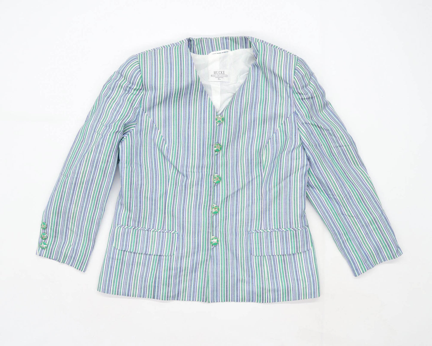 Hucke Womens Size 12 Virgin Blend Striped Blue Jacket