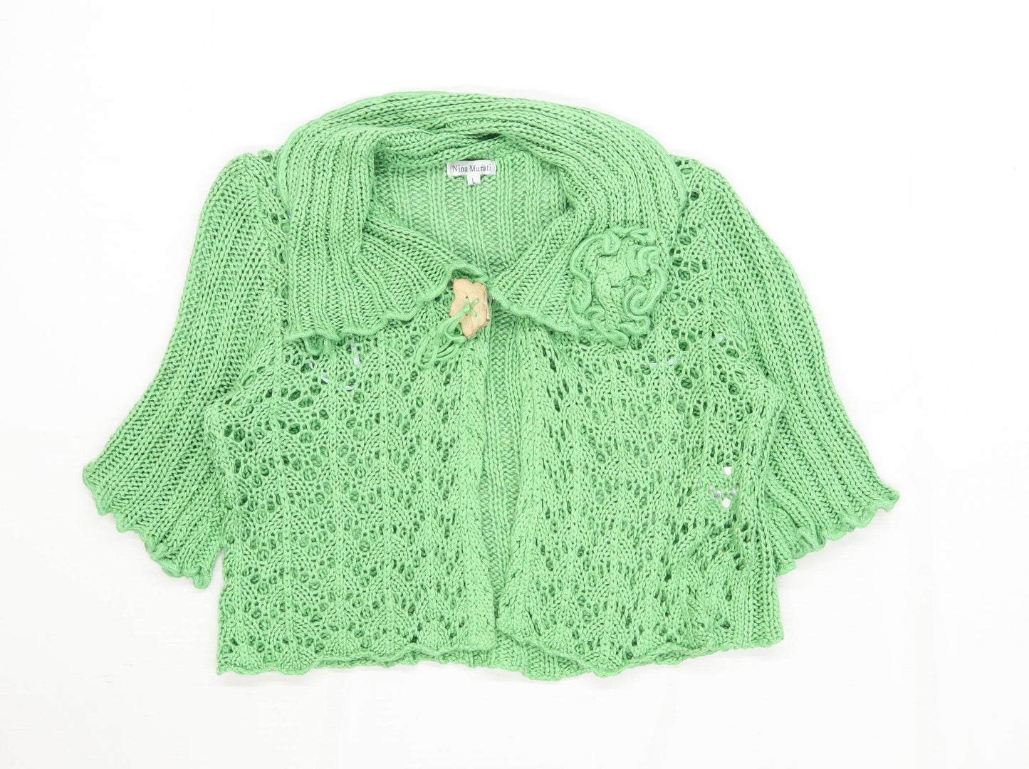 Nina Murati Womens Size L Textured Green Popper Close Cardigan (Regular)