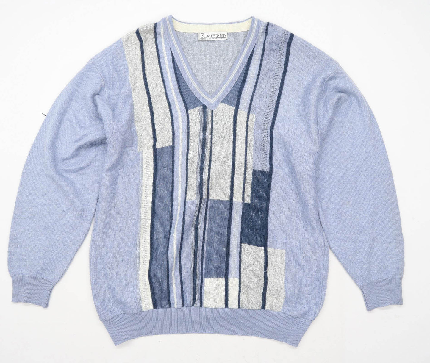 Summerland Mens Size 4XL Geometric Blue V Neck Jumper