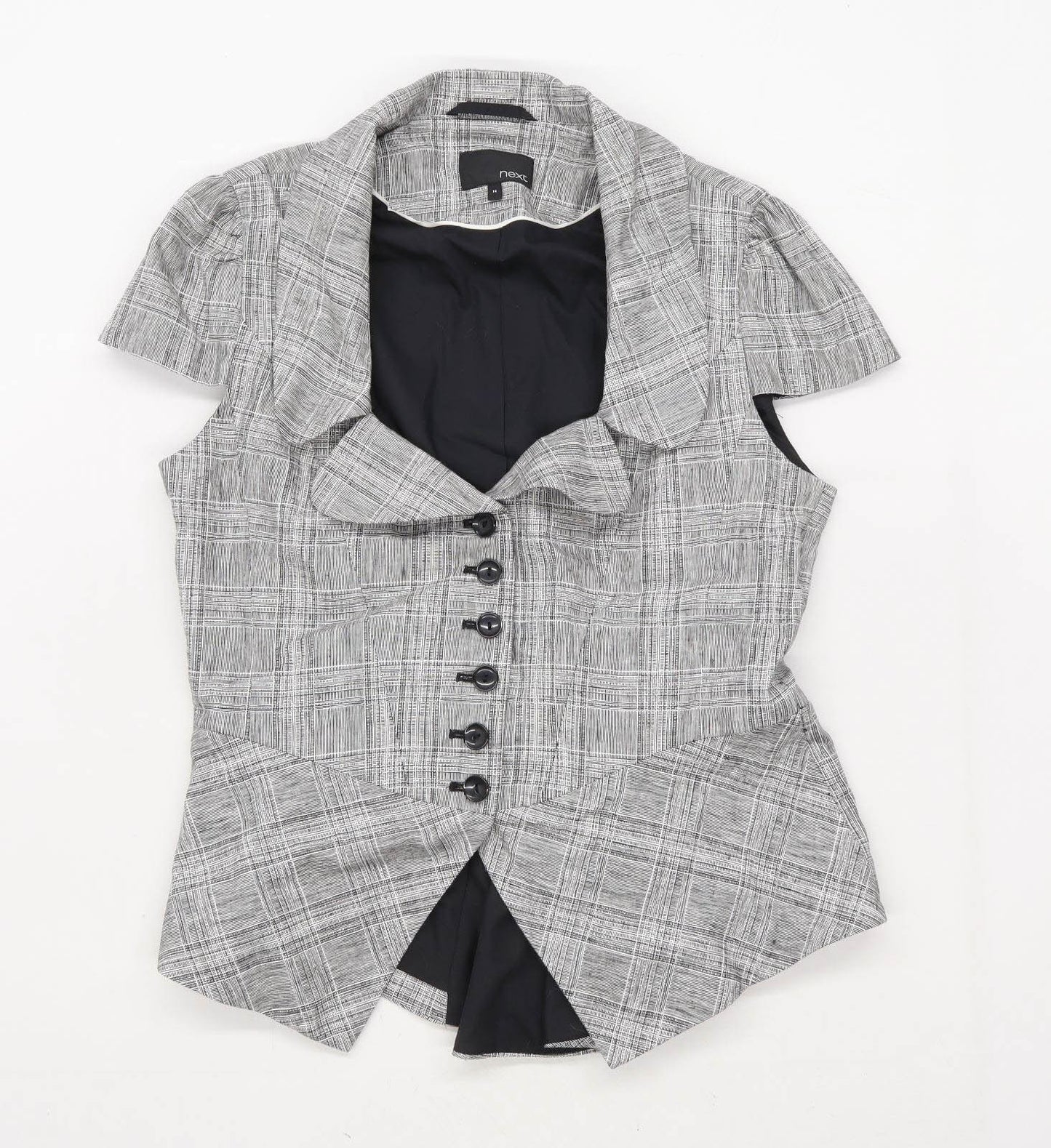 Next Womens Size 14 Check Linen Blend Grey Blazer (Regular)
