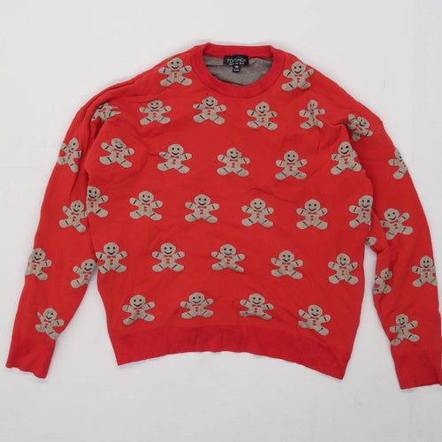 Topshop Womens Size 10 Graphic Cotton Blend Red Gingerbread Man Jumper (Regular)