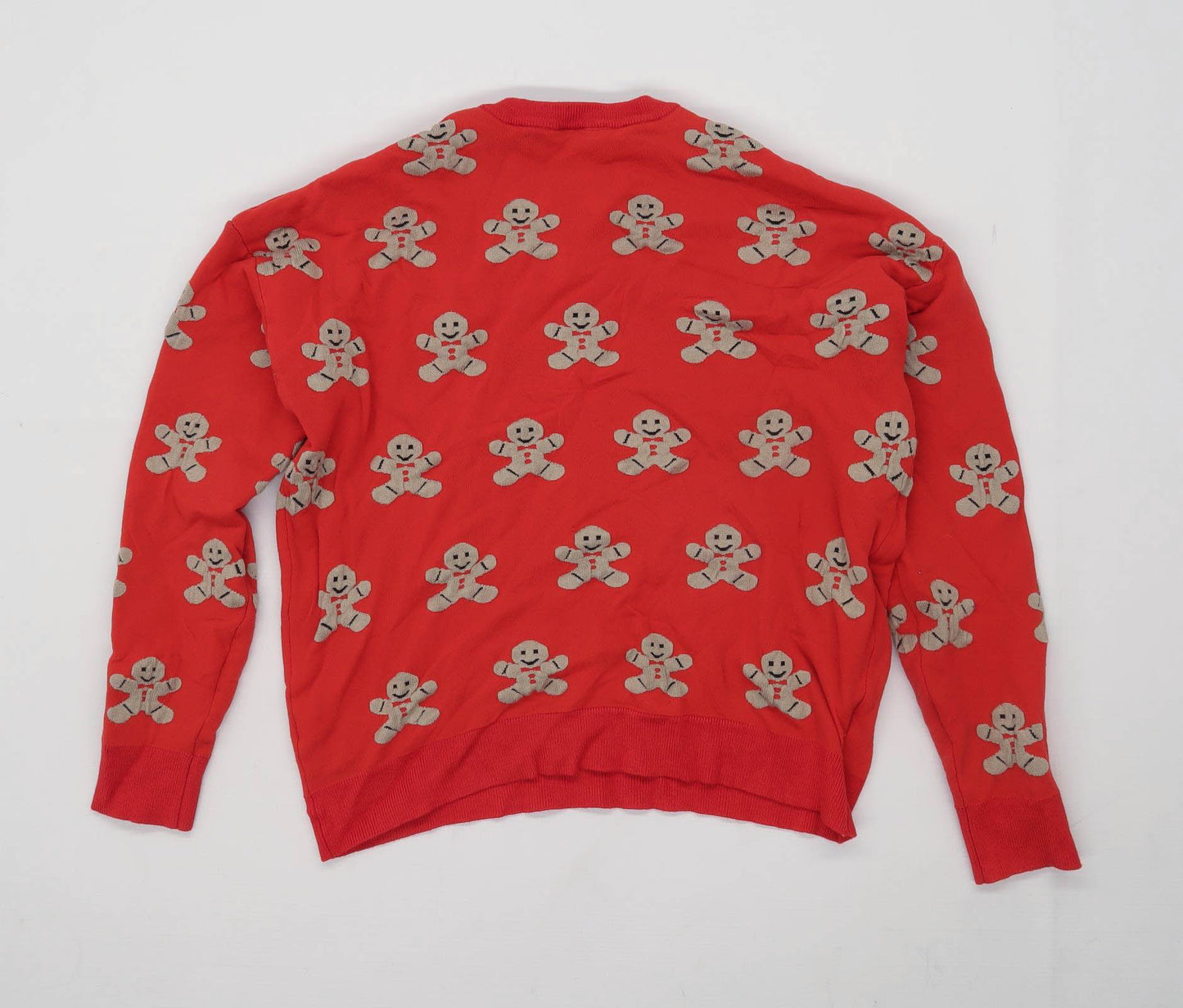 Topshop Womens Size 10 Graphic Cotton Blend Red Gingerbread Man Jumper (Regular)