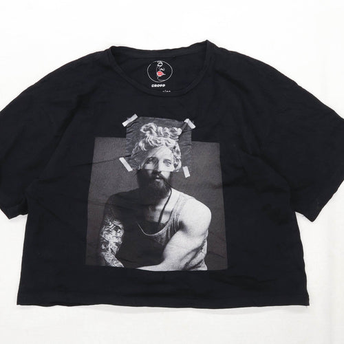 Cropp Womens Size M Graphic Cotton Black Cropped T-Shirt (Regular)