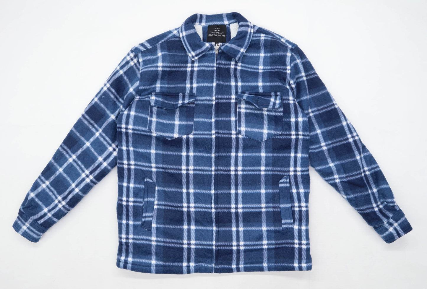 Tom Hagan Mens Size L Fleece Blend Check Blue Jacket