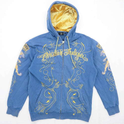 Christian Audigier Mens Size XL Cotton Blend Floral Blue Zip Up Hoodie