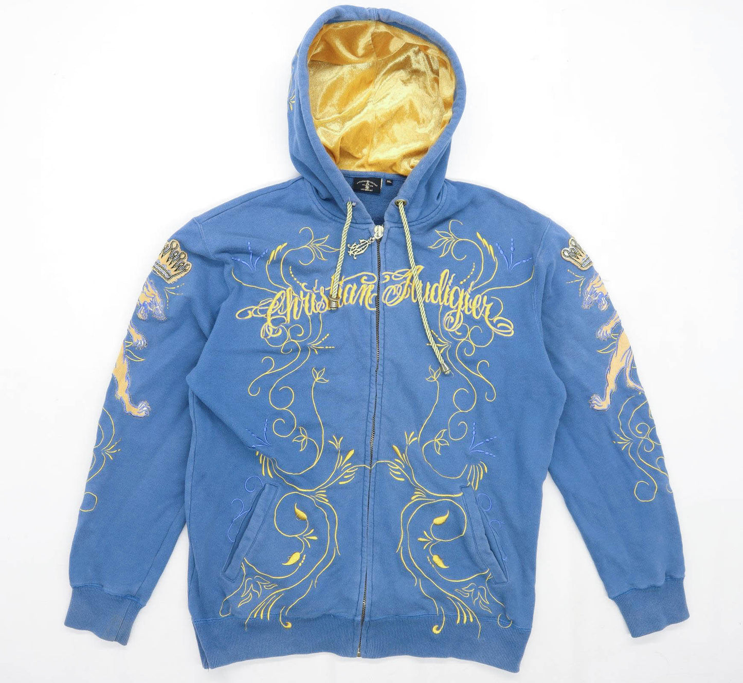 Christian Audigier Mens Size XL Cotton Blend Floral Blue Zip Up Hoodie