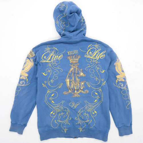 Christian Audigier Mens Size XL Cotton Blend Floral Blue Zip Up Hoodie