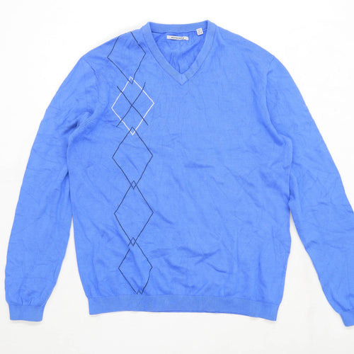 Ashworth Mens Size L Cotton Geometric Blue V-Neck Jumper