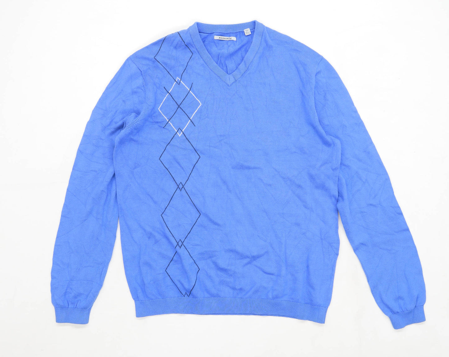 Ashworth Mens Size L Cotton Geometric Blue V-Neck Jumper