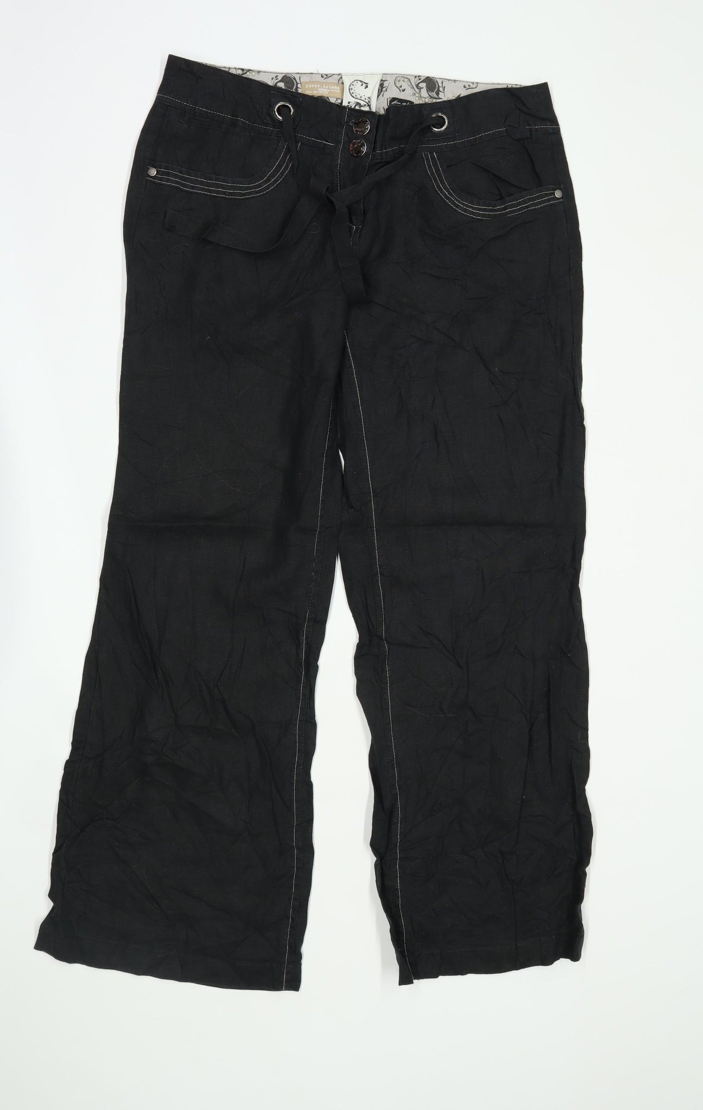 Womens River Island Black Linen Trousers Size 12/L30