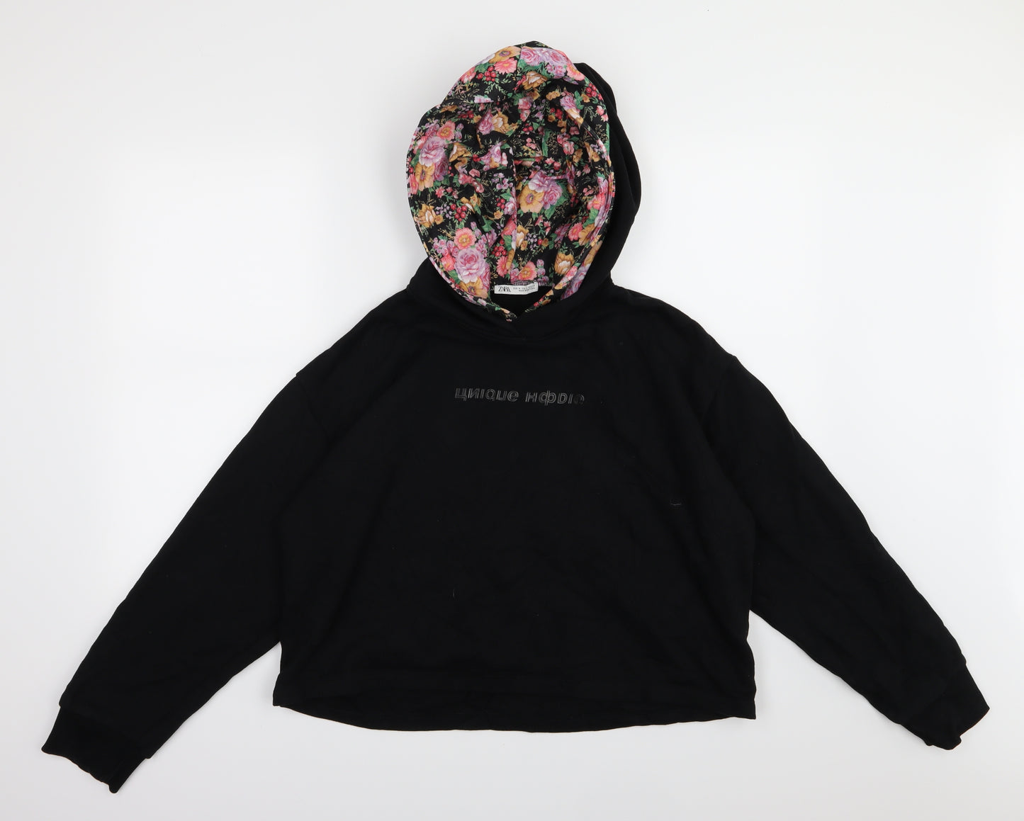Zara Womens Black Floral Jersey Pullover Hoodie Size M  - Cropped