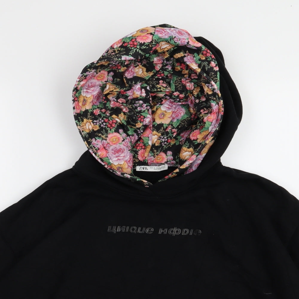 Zara Womens Black Floral Jersey Pullover Hoodie Size M  - Cropped