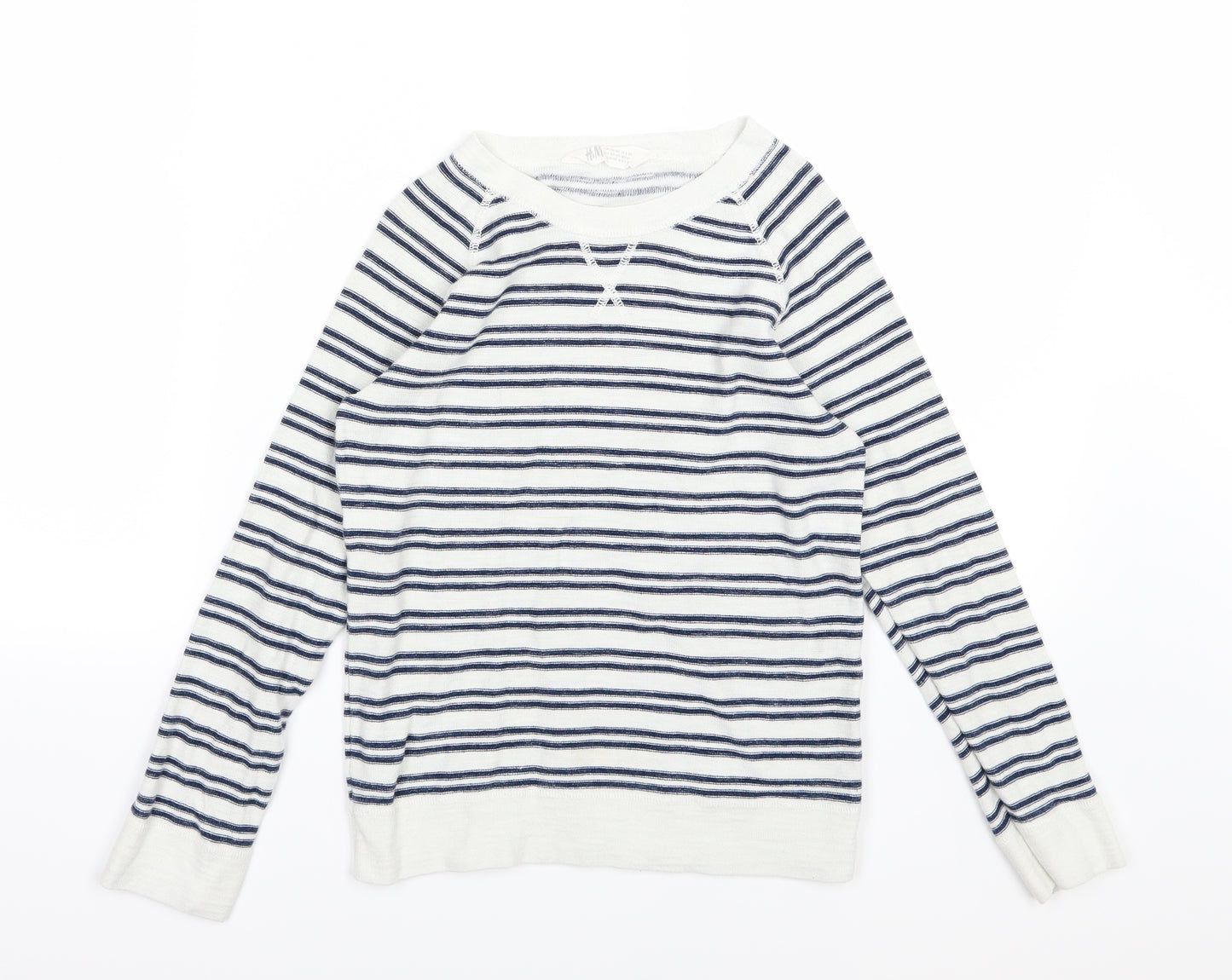 H&M Girls White Striped Knit Pullover Jumper Size 8-9 Years