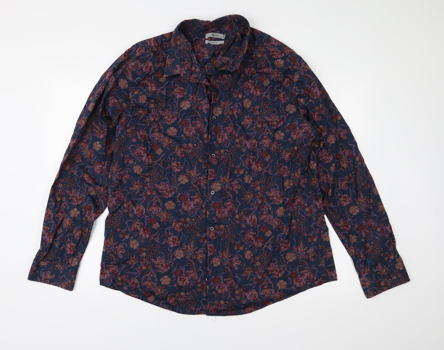TU Mens Blue Floral   Button-Up Size XL