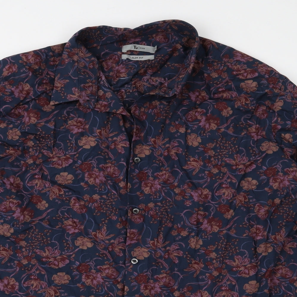 TU Mens Blue Floral   Button-Up Size XL
