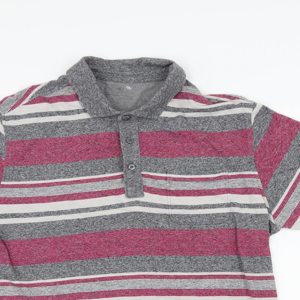 Marks and Spencer Mens Grey Striped Jersey  Polo Size M