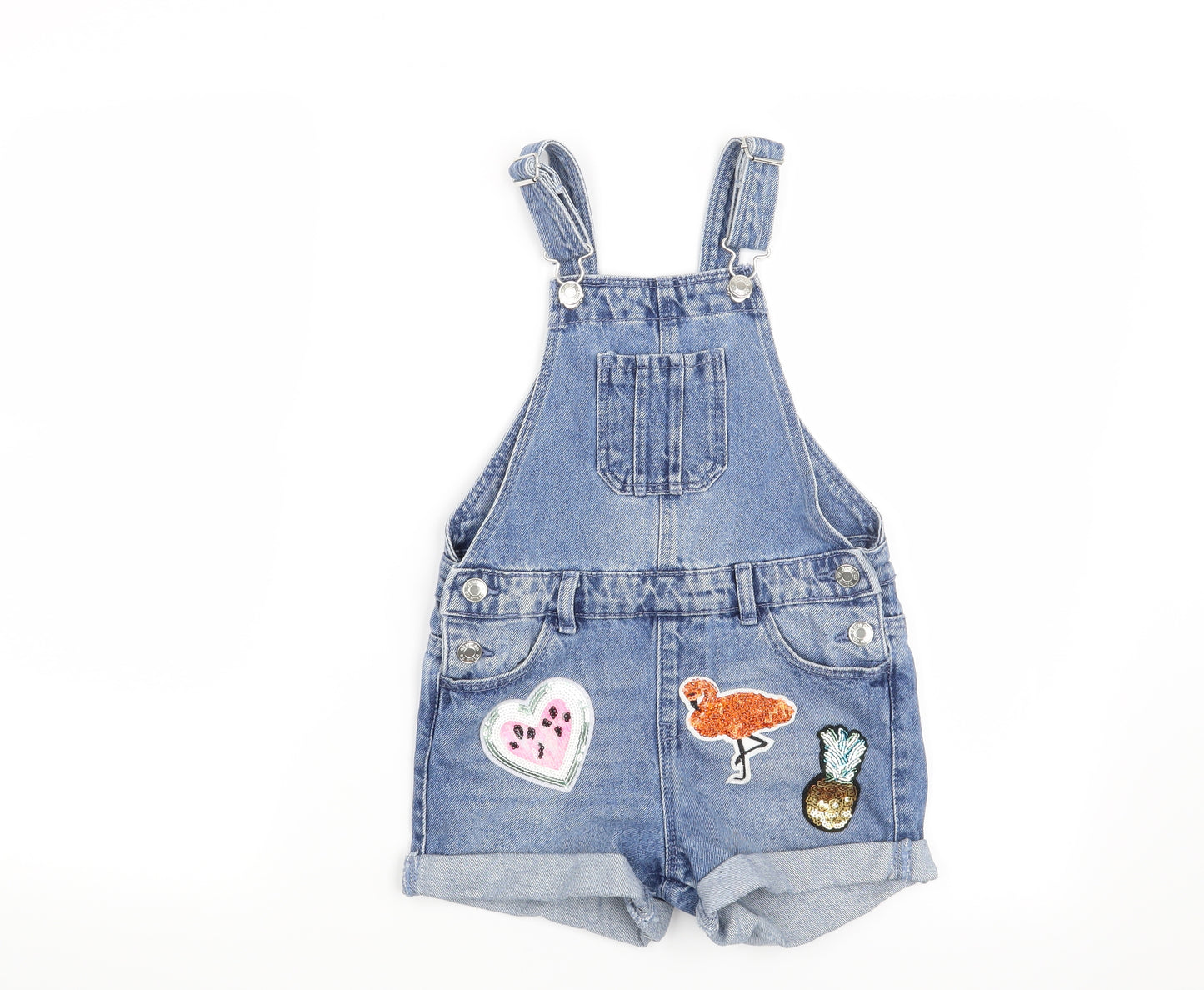 Denim & Co. Girls Blue   Dungaree Shorts Shorts Size 6-7 Years - pineapple
