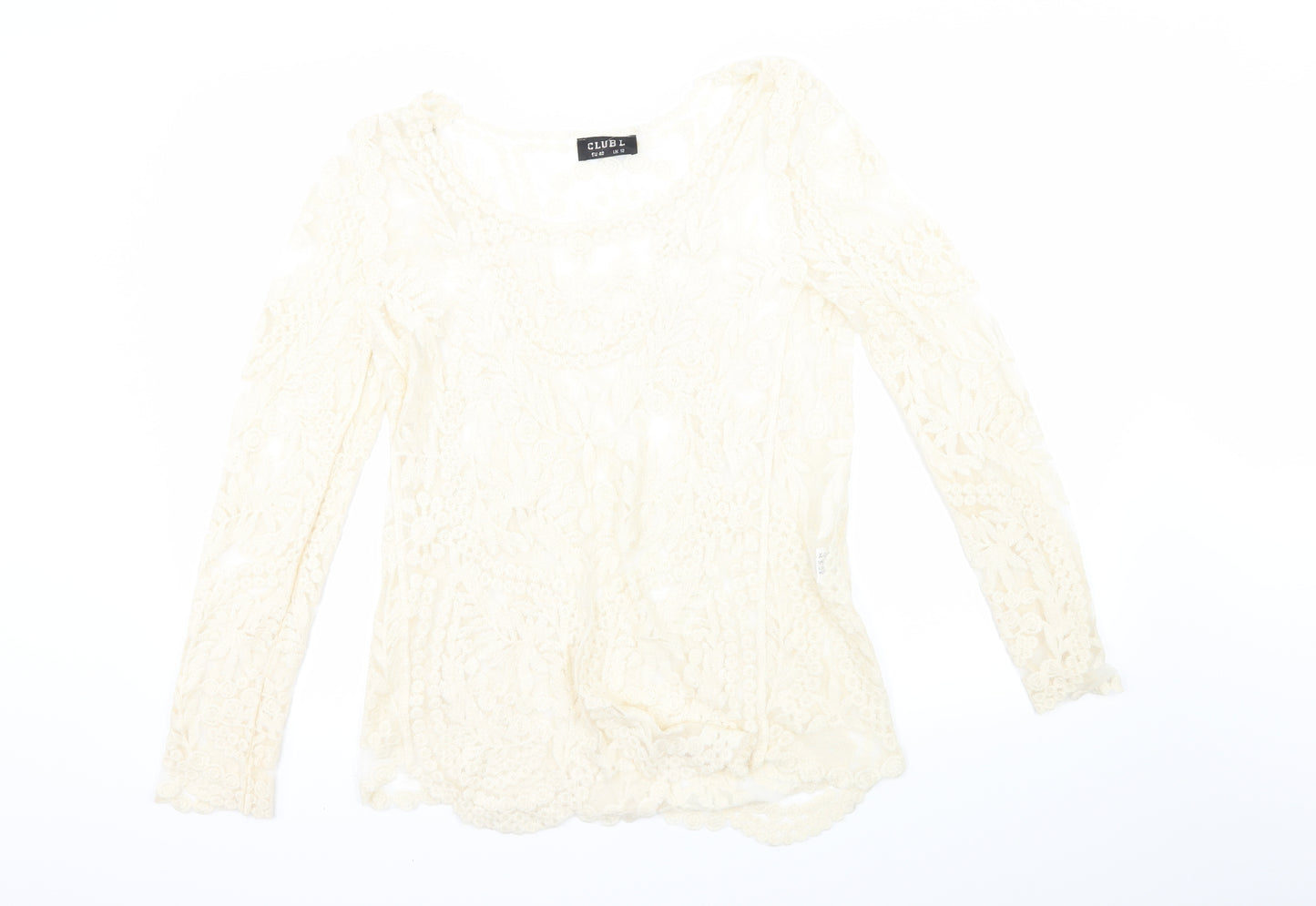 Club L Womens Beige Floral Lace Basic T-Shirt Size 12