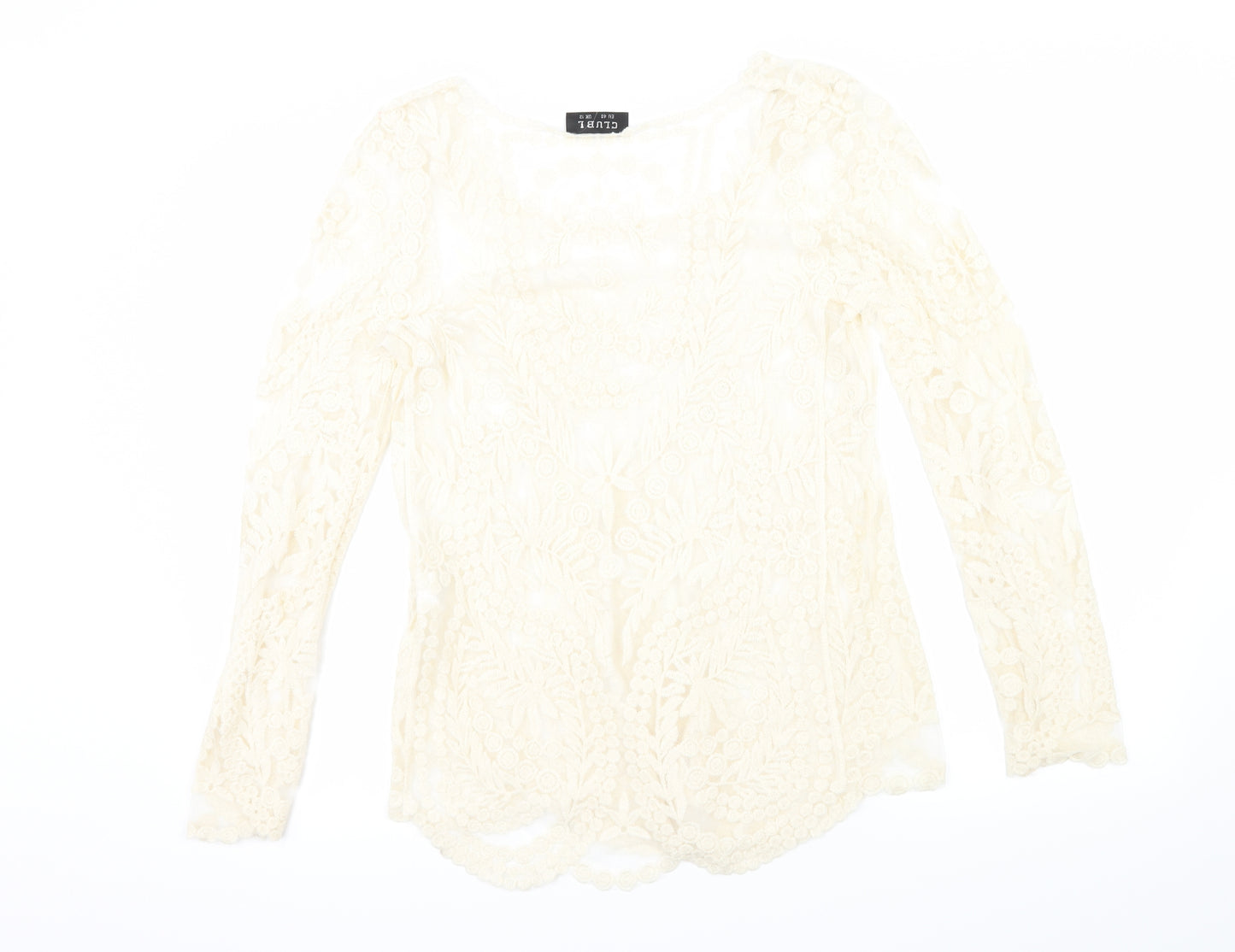 Club L Womens Beige Floral Lace Basic T-Shirt Size 12