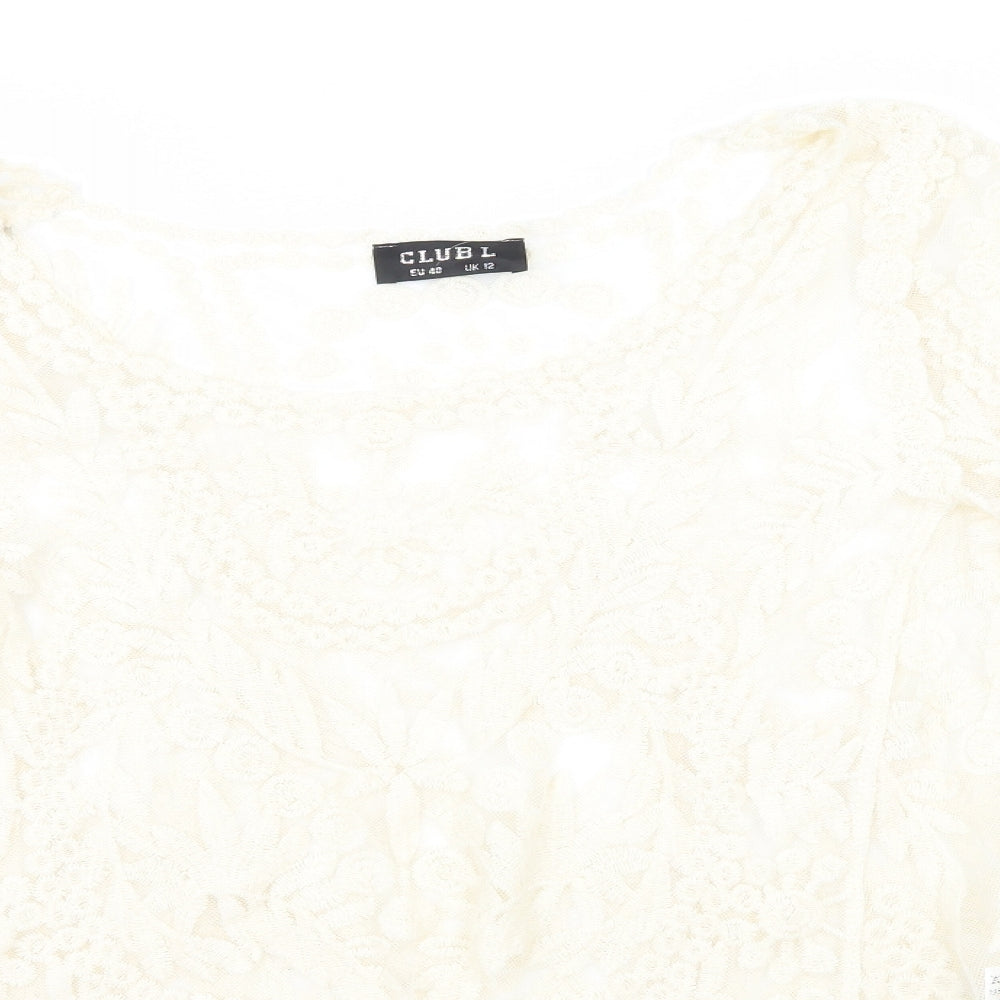 Club L Womens Beige Floral Lace Basic T-Shirt Size 12