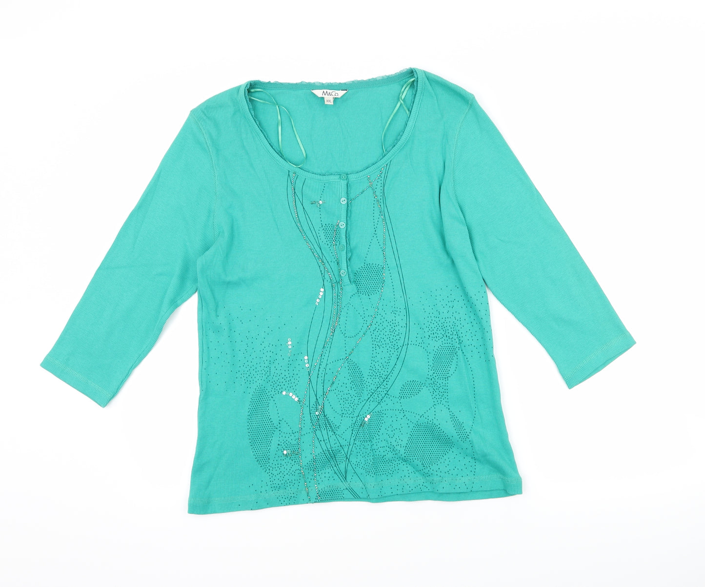 M&Co Womens Green Floral Corduroy Basic T-Shirt Size 2XL