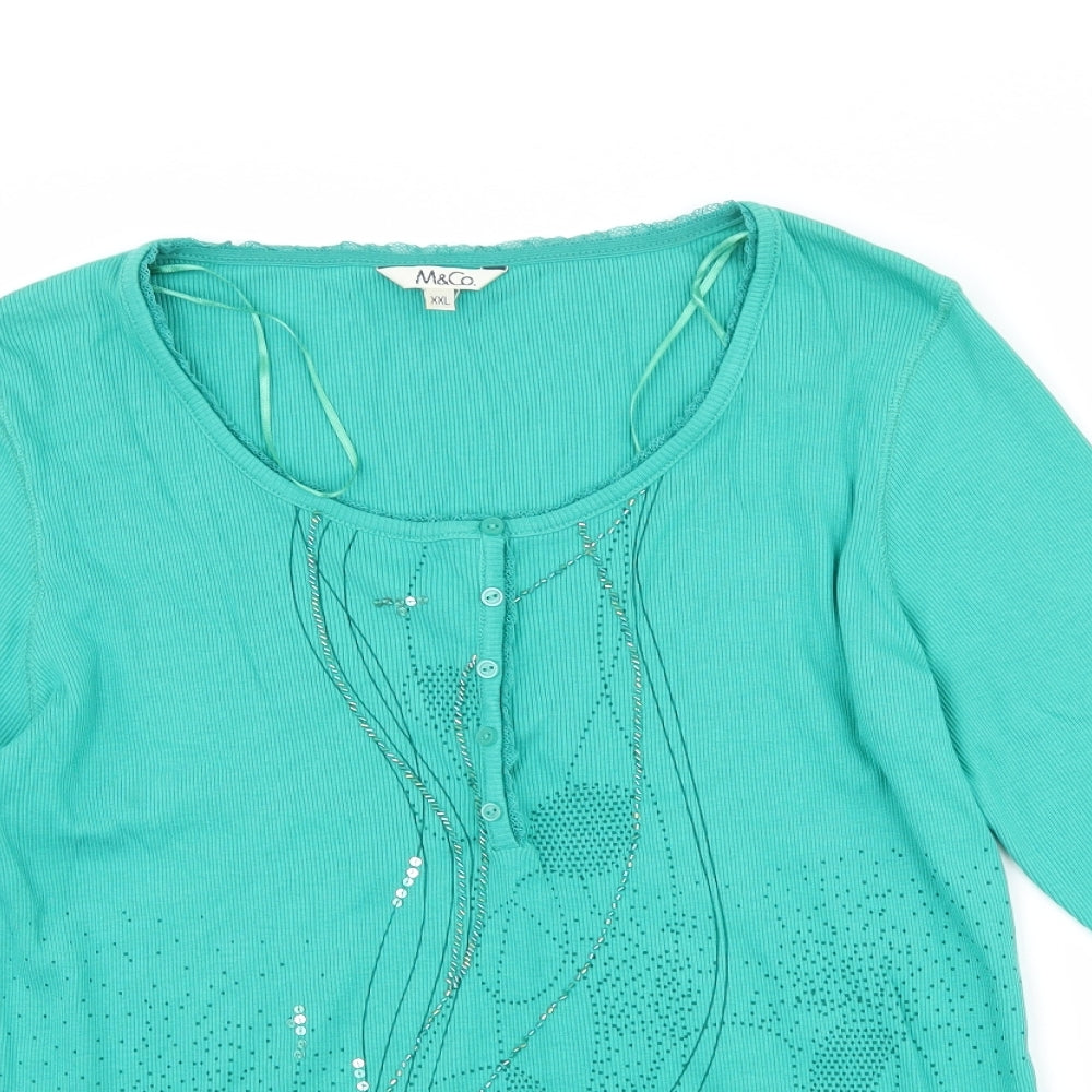 M&Co Womens Green Floral Corduroy Basic T-Shirt Size 2XL
