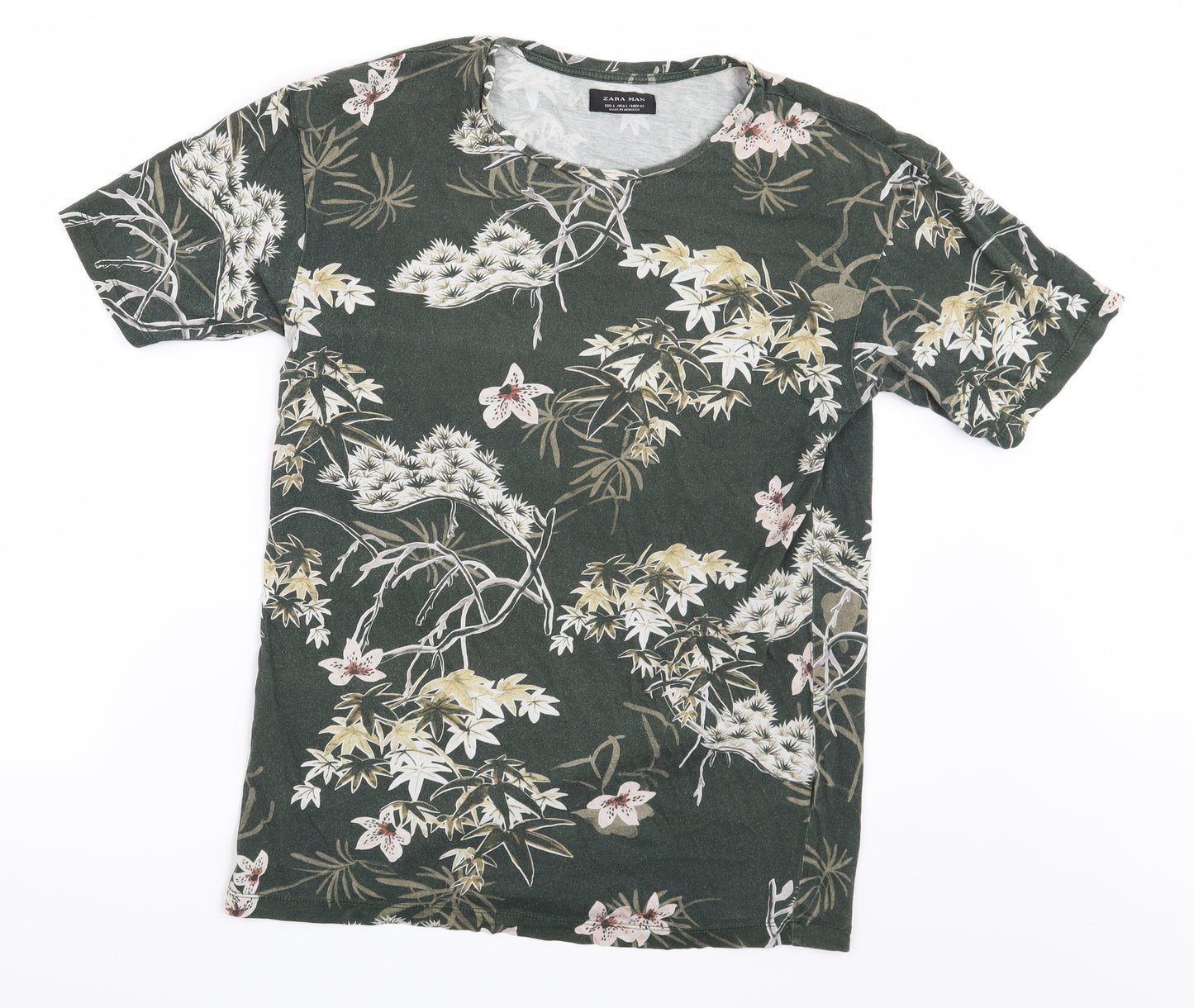 ZARA Man Mens Green Floral   T-Shirt Size L