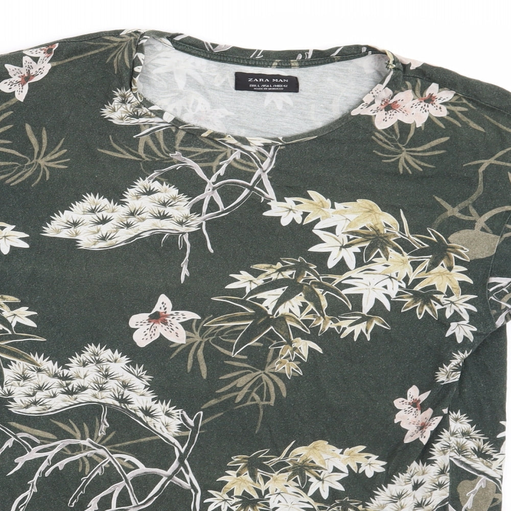 ZARA Man Mens Green Floral   T-Shirt Size L