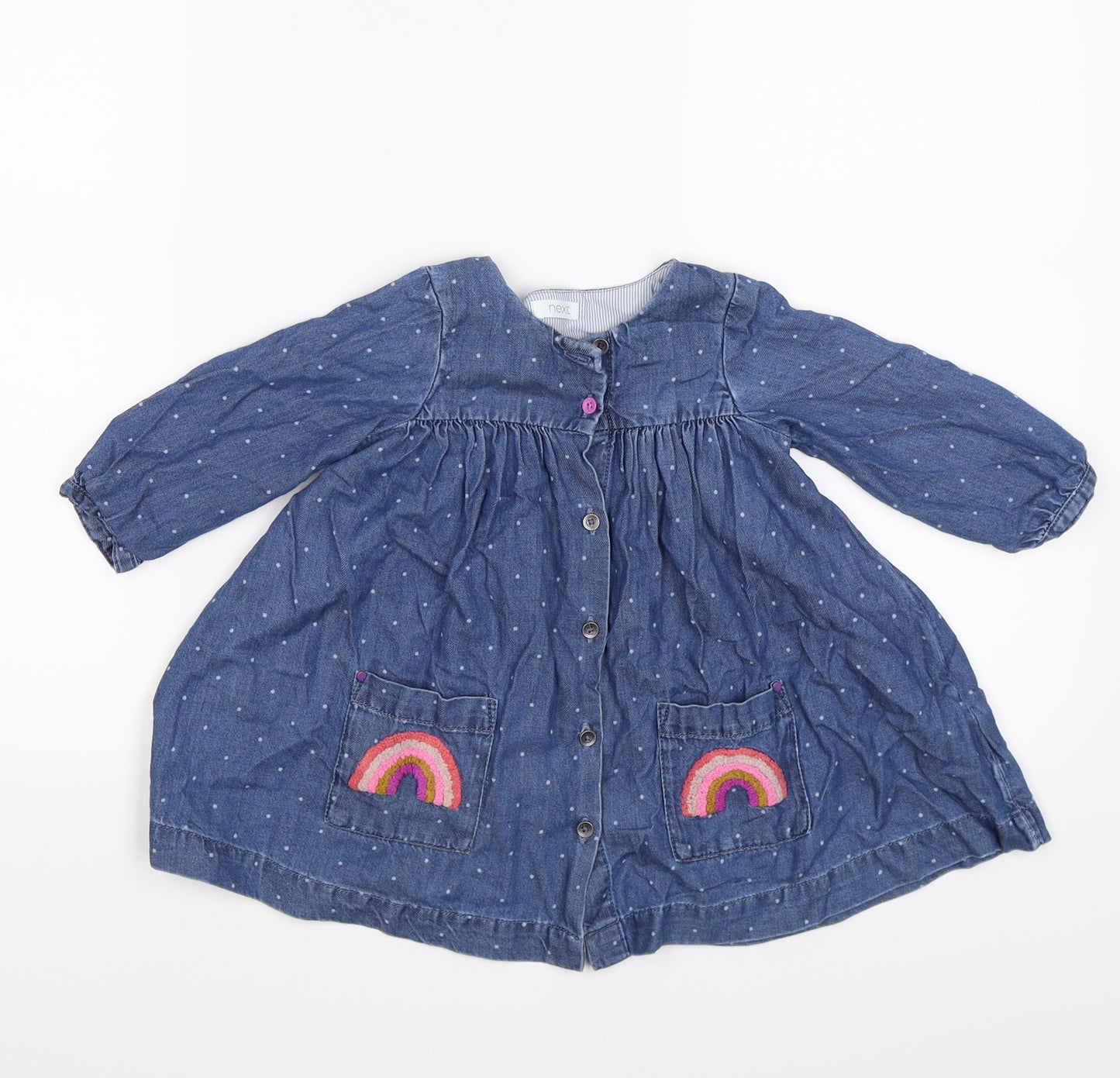 NEXT Girls Blue Spotted Denim A-Line  Size 9-12 Months  - rainbow