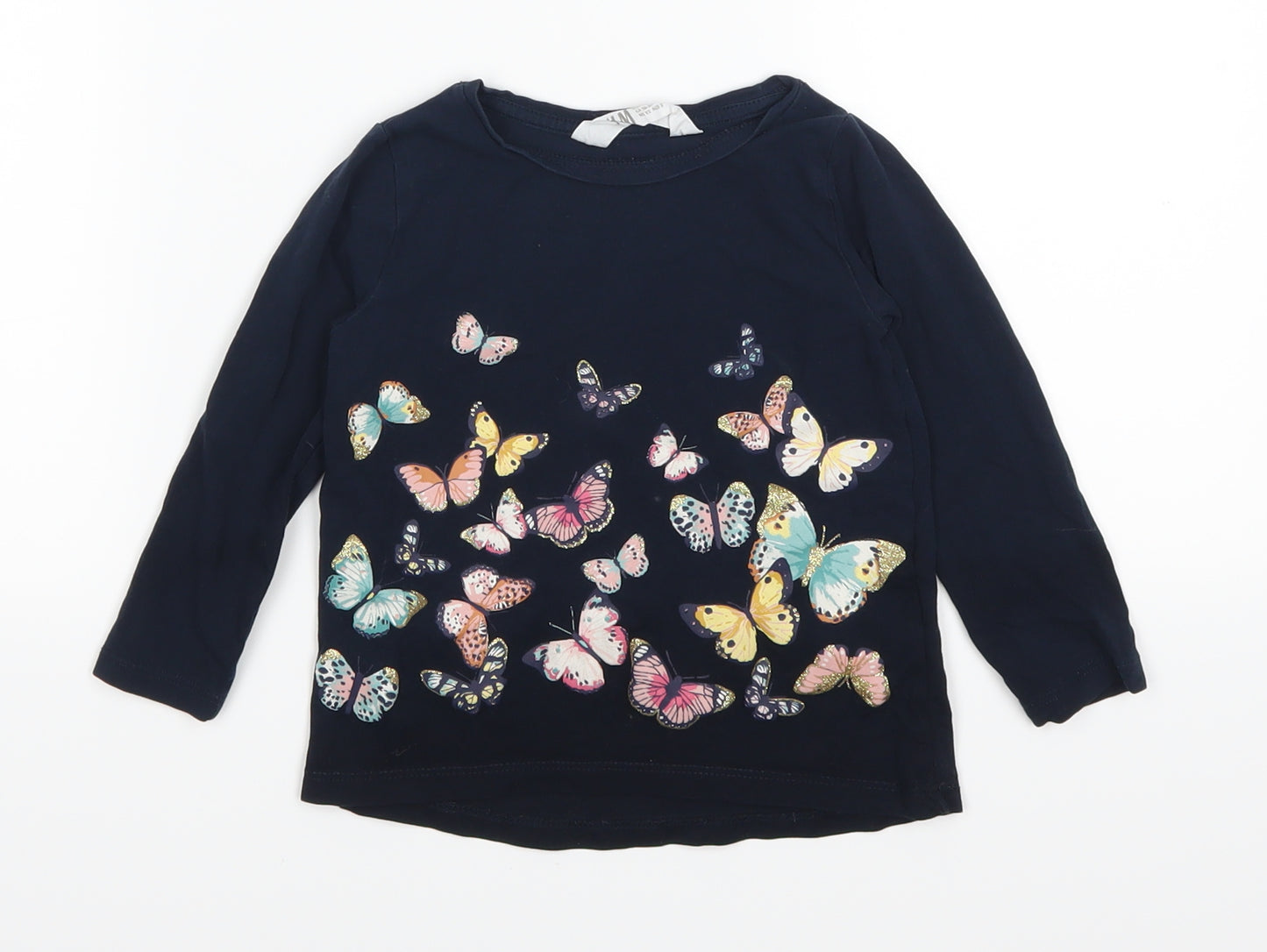 H&M Girls Blue Animal Print  Basic T-Shirt Size 2 Years  - Butterflies
