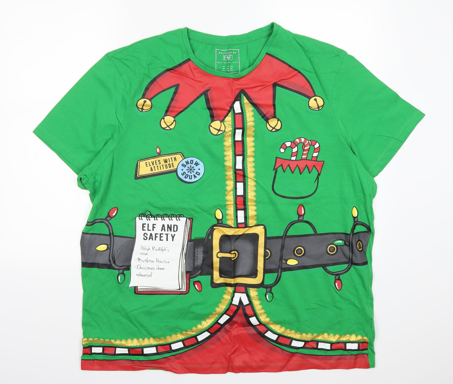 F&F Mens Green    T-Shirt Size 2XL  - Elf Christmas
