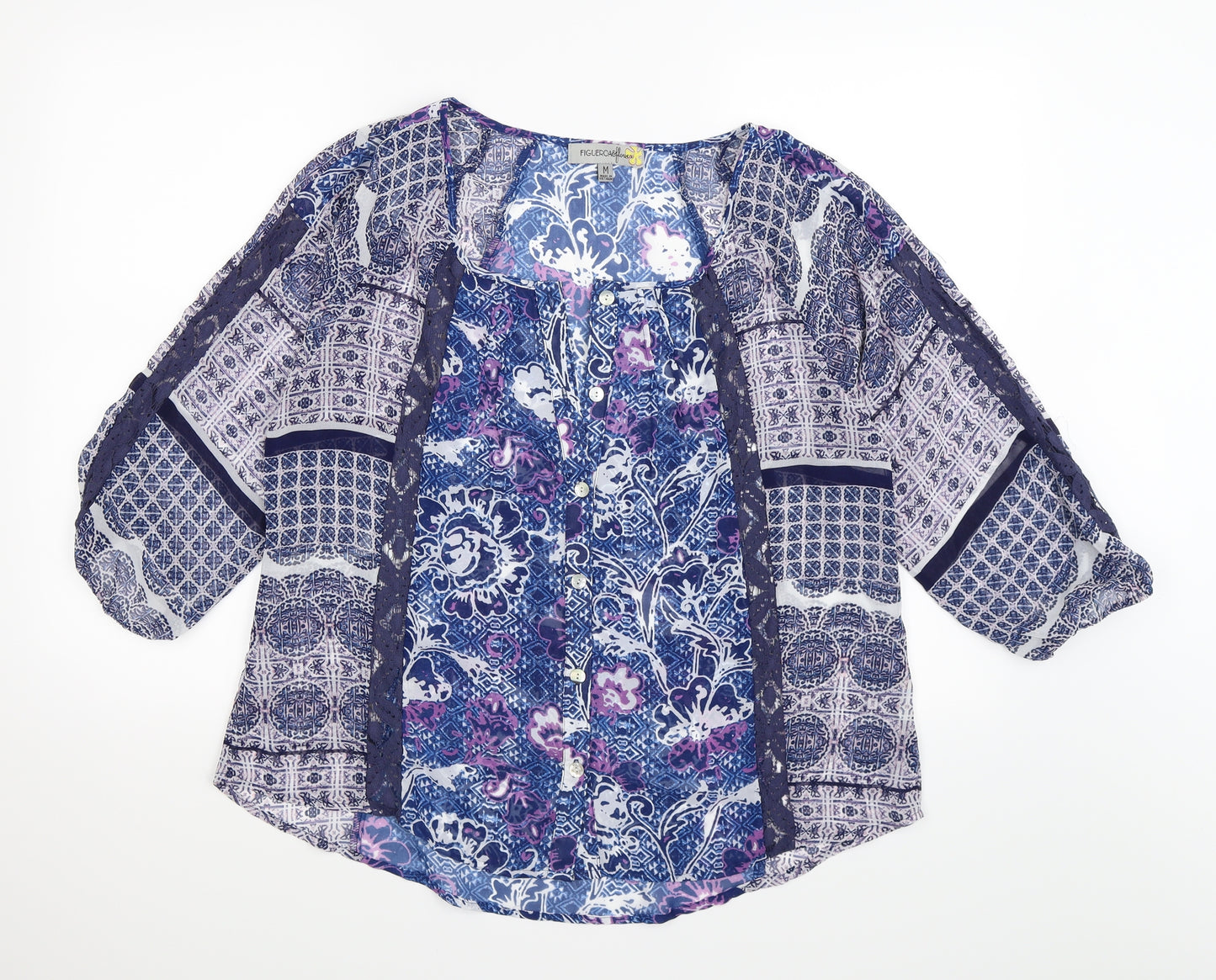 Figueroa & Flower Womens Blue Floral Chiffon Basic Blouse Size M