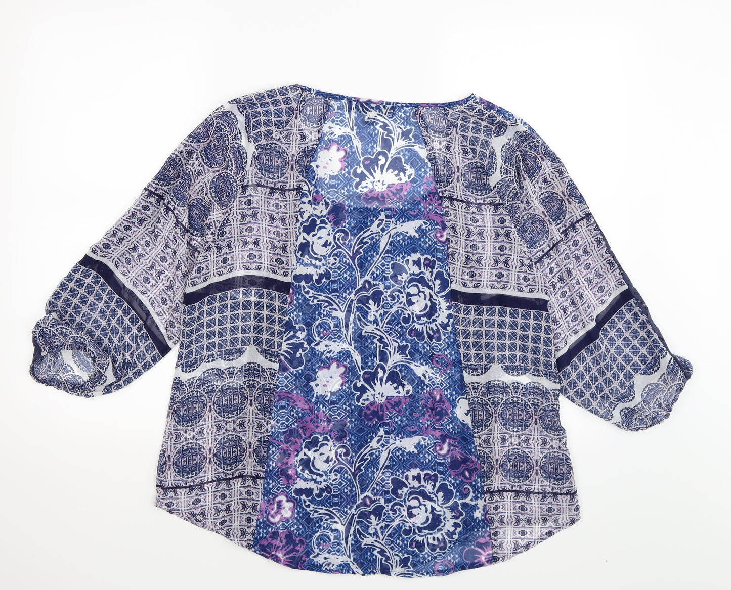 Figueroa & Flower Womens Blue Floral Chiffon Basic Blouse Size M