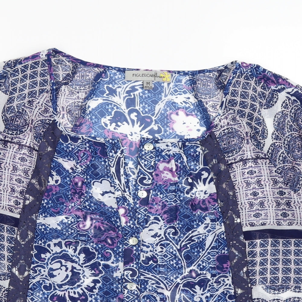 Figueroa & Flower Womens Blue Floral Chiffon Basic Blouse Size M