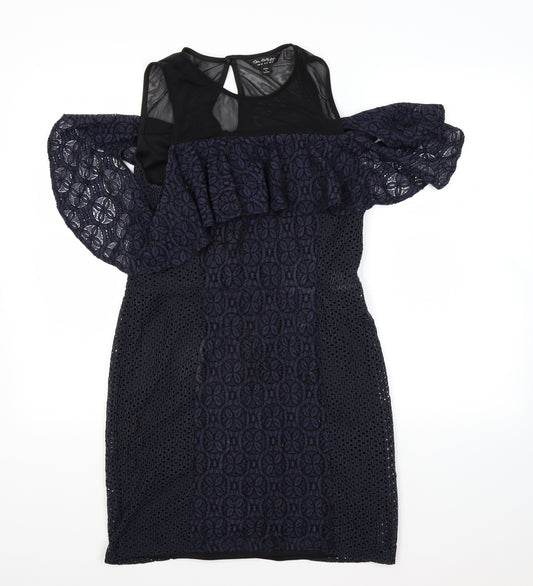 Front view of Miss Selfridge women’s blue floral a-line, size UK 12